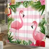 Rideaux de douche Été Bord de mer Rideau de plage Soleil Mer Océan Palmiers tropicaux Feuilles Flamingo Salle de bain Baignoire Décor avec crochets