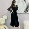 Casual Dresses 2024 Black Velvet Patchwork Lace Sheer Sexy Long Dress Women Elegant Ruffled Mermaid Autumn Winter Luxury Evening