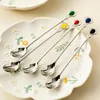 Coffee Scoops Food Grade 316 Stainless Steel Long Handle Mixing Spoon Girl Dessert Spoons Accessories Colored Gem