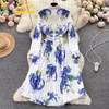 Casual Dresses Elegant White Blue Printed Pleated A-Line Dress Fall/Winter 2024 Women's Fashion European Style Slim Bodycon Party