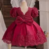 Abito da tutù con fiori in pizzo carino per bambini Abito da festa di nozze con fiocco che borda Abito da principessa per ragazza Inafnt Rosa Abiti per il primo compleanno Tessuto di gala formale 240322