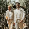 summer Beige Linen Men Suits 2 Piece Formal Notch Lapel Handsome Gentleman Wedding Tuxedo Smart Casual Male Suit Blazer+Pants j860#