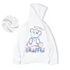 High Street Graffiti Bear Print Mens Fleece Hoodie Retro Autumn Casual Pullover Hooded Sweatshirts Hip Hop Y2K Hoodies Clothes 240315