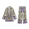 Hemkläder Kvinnor Silk Vintage Print Lace Up Kimono Pants 2 Piece Pyjamas Set Loose Satin Shirts Elastic midjebrett benkläder