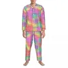 Casa roupas houndstooth pijamas primavera colorido impressão vintage oversize pijama conjunto masculino manga longa quarto gráfico nightwear