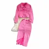 Autumn Women Pink Denim Set Lapel LG Sleeve Kort denimjacka Hög midja denim kjol Korean kvinnlig tvådelar Set Streetwear E2WI#