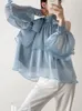 Women's Blouses Blue Ruffle Shirts Women Sexy Off Shoulder Blouse Female Summer Long Sleeve Tops Ladies Korean Fashion Bow Bandage Halter