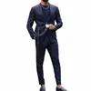 Klassiska marinblå män kostym Set Casual Party Fi Outfit Wedding Banket Groomsman Formal Peaked Lapel Blazer Pants 2 Pieces P5MT#