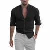 men's Cott Linen Shirts Madarin Neck Solid Color Lg Sleeve Loose Top Spring Autumn Fi Shirt K4qA#