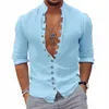 Venda quente Cott Linen Men's LG-Sleeved Camisas Cor Sólida Stand-Up Collar Primavera Outono Estilo Casual Camisas Plus Size x60I #