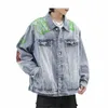 Hommes Harajuku Graffiti Denim Veste et Manteau Fi Hip Hop Lg Manches Jean Patchwork Survêtement Casual Streetwear Jeans Vestes W9x1 #