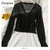 Knitted Pink Cardigans Women Summer Sunscreen LG Cropped Cadigan Korean See Through Kimo Tops Fi Sweter x5ae##