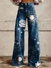 Pantaloni jeans da donna con stampa di stelle, pantaloni svasati, gamba larga, versatile, casual, con motivo bianco stampato