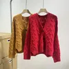 여성용 니트 가을과 겨울 여성 v-neck 캐시미어 가디건 두꺼운 케이블 길이 긴 소매 스웨터