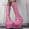 Ботинки розовые женщины колена высокие ботинки готические панк косплей улицы модные ботинки женские платформы на блюдах высокие каблуки черный большой размер 43