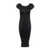 Casual Dresses Sexy Faux Leather Solid Color Bodycon Women Slim Fit Short Sleeve Midi Dress