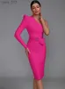 Grundläggande casual klänningar rosa bandage klänning kvinnor elegant fest bodycon bälte wist sexig en axel kväll födelsedagsklubb kläder sommaren 2023 yq240328