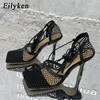 Eilyken Sexy Mesh Décolleté Sandali Donna Punta quadrata Tacco alto Lace Up CrossTied Stiletto Hollow Scarpe eleganti Zapatos Mujer 240312