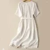 Party Dresses Pure Cotton V-Neck kortärmad klänning Kvinnor 2024 Summer Artistic Retro Lace-Up Loose Stripe Stitching Elegant Casual Long