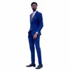 Blue Slim Fit Men's Suit 2 Pieces Blazers Set For Wedding Male Tuxedos hackad lapeljacka och byxor Skräddarsydd brudgum Wear Q4QU#