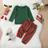 Комплекты одежды, рождественский наряд для маленьких девочек, зеленый пуловер, футболка, клетчатые леггинсы, штаны, рождественская милая одежда для малышей, комплект из 2 предметов