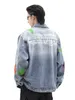 Hommes Harajuku Graffiti Denim Veste et Manteau Fi Hip Hop Lg Manches Jean Patchwork Survêtement Casual Streetwear Jeans Vestes W9x1 #