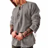 new Men's Cott Linen Shirt Loose Fi Ancient Viking Embroidery V-neck Lace Up Shirts Men Casual Lg Sleeves Tee Shirts 08Y8#