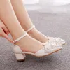 Crystal Queen S Block High Heel Sandals White Pearl Wedding Bridal Shoes Point Toe Buckle Strap Women Pumps 240320