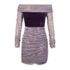 Robes décontractées Célébrité Sexy Robe de bal Femmes Chic Violet Élastique Mesh Hors Épaule Plissée Wrap Hip Robe Moulante Party Night Club Robes