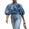 Azul Denim Top Mulheres Bolha Manga Butt Lace-up Roupas Fi Casual Elegante Arco Cinto Curto Jaqueta Streetwear Outono Inverno j72H #