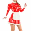 sissy Lolita Sweet Classic Lolita Dr White Apr Maid Dr Puff Lg Sleeve Shiny PVC Leather Sexy Costume Plus Size XS-7XL h28Q#