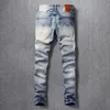 italiensk stil fi män jeans retro ljus blå vanlig ons elastisk smal fit rippade jeans män vintage designer rump byxor z8ab#