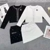 Women's O-neck Knitted Rhinestone Embroidery Sweater Cardigan and A-line Short Skirt Set 2 Pc Dress Suit SML