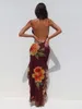 Casual Dresses Women Cami Dress Floral Print Spaghetti Strap Sleeveless Long BodyCon Ruffles High Slit Party S M L