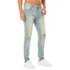 Enkel retro stil fasta hål män mager jeans byxor manliga snygga rippade stretch casual denim byxor h0im#