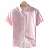 Verão Cott Linho Camisas de Manga Curta Homens Casual Fi Rosa Clássico Turn-down Collar Homem Tops Plus Size S-4XL Y2469 I3AP #