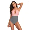 Women's Swimwear Bikini One Piece Shoulder Neck Stripe Swimsuit Color Matching Slim One-Piece