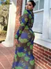 HUGCITAR Mesh Floral Print Lg Manches Épaulettes Sexy Slim Maxi Dr Voir à travers l'été Fi Streetwear Party Outfit Y2K 29RF #