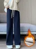 Women Wide Leg Corduroy Pants Winter Warm Causal Fleece fodrade byxor FI Korean Y2K Löst hög midja Estetiska byxor 49D7#