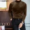 Incerun 2024 Hombres Camiseta Velour Cuello alto LG Manga Ocio Camiseta Color Sólido Streetwear Fi Casual Tee Tops S-5XL x07g #