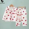 Kids Zomer Dunne Pyjama Sets Jongens Meisjes Katoen Linnen Cartoon Lange Mouw Revers Shirt Tops met Broek Baby Homewear 240314