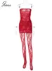 Joskaa Walentynki strój dla kobiet czarna czerwono koronka 2 sztuka określa stroje 2023 Nowy Rok Sexy Leggins Club Party Strój A0iw#