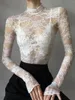 Kobiety dla kobiet kpiny Siatka z długim rękawem Top Koronkowy Kwiatowy Slim T-shirt See Through Sheer Bluzka