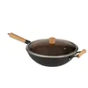 Ustensiles de cuisine Cuisine de restaurant Cuisson 32cm Poêle à wok en fonte chinoise noire avec manche en bois