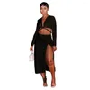 Arbetsklänningar 2024 Toppkvalitet Solid Chiffon Beach Dress Set V-Neck Full Sleeve Bandage Long Spit kjol Hög midja Kvinnor 2 Piece