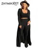 zhymihret 22023 Autumn Winter Ribbed 3 Pieces Set Women Crop Top High Waist Wide Leg Pants Set Lg Sleeve Trench Coat n3SR#