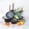 Ensembles de batterie de cuisine Ensemble de casseroles et poêles en granit noir antiadhésif professionnel lavable au lave-vaisselle