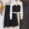 작업 드레스 Neploe Korean Fashion Lapel Neg Long Sleeve Tops Women Y2K High High Waist Ruched Skirts 2024 Spring Black Two Piece 세트