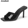 Sandals Aneikeh Fashion Orange Patent Leather Thin Heels Women Mules Slippers Summer Square Toe Party Prom Femme Sandals Sliders Shoes