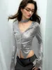 T-shirts Femmes TARUXY Brillant Argent Pour Femmes Mode V Cou Flare Manches Tshirt Femme Party Clubwear Cardigan Femme Vêtements 2024